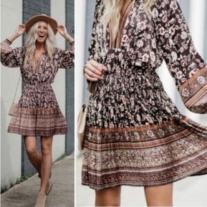 Anthropologie Current Air Alyce Brown Floral Print Pleated Mini Dress Size XS